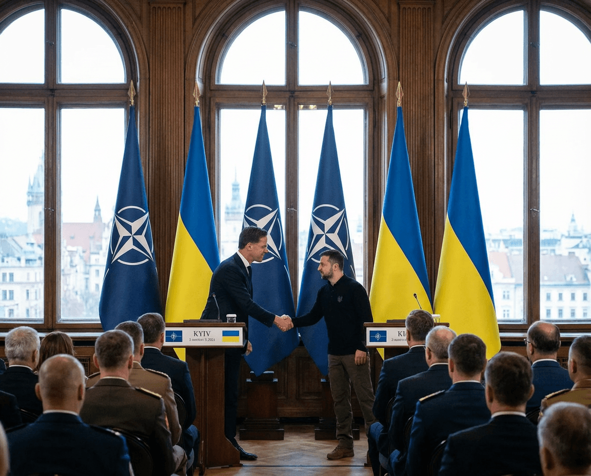 NATO Ukraine cooperation symbolized by NATO and Ukrainian flags in a diplomatic setting
