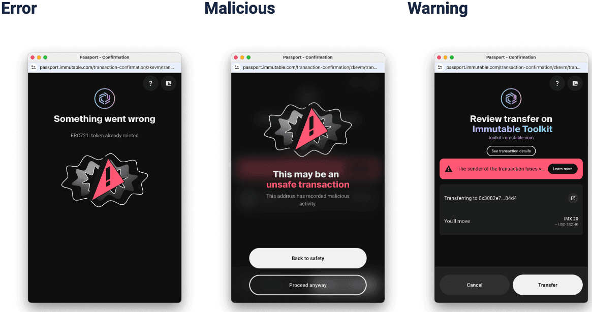 screens from Immutable Passport showing security alerts