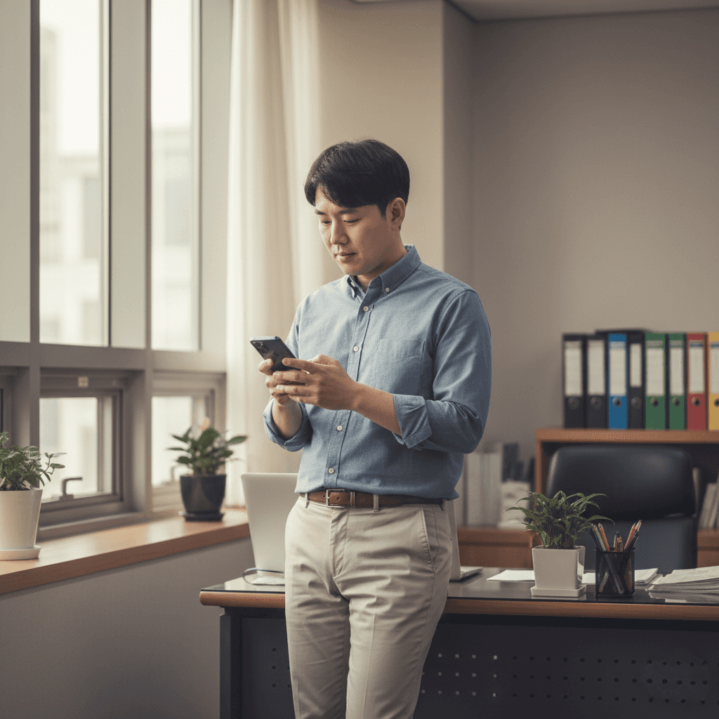 사무실에서 스마트폰으로 교적 및 행정 업무를 확인하는 모습 - 사역을 돕는 효율적인 교회 행정 도구
