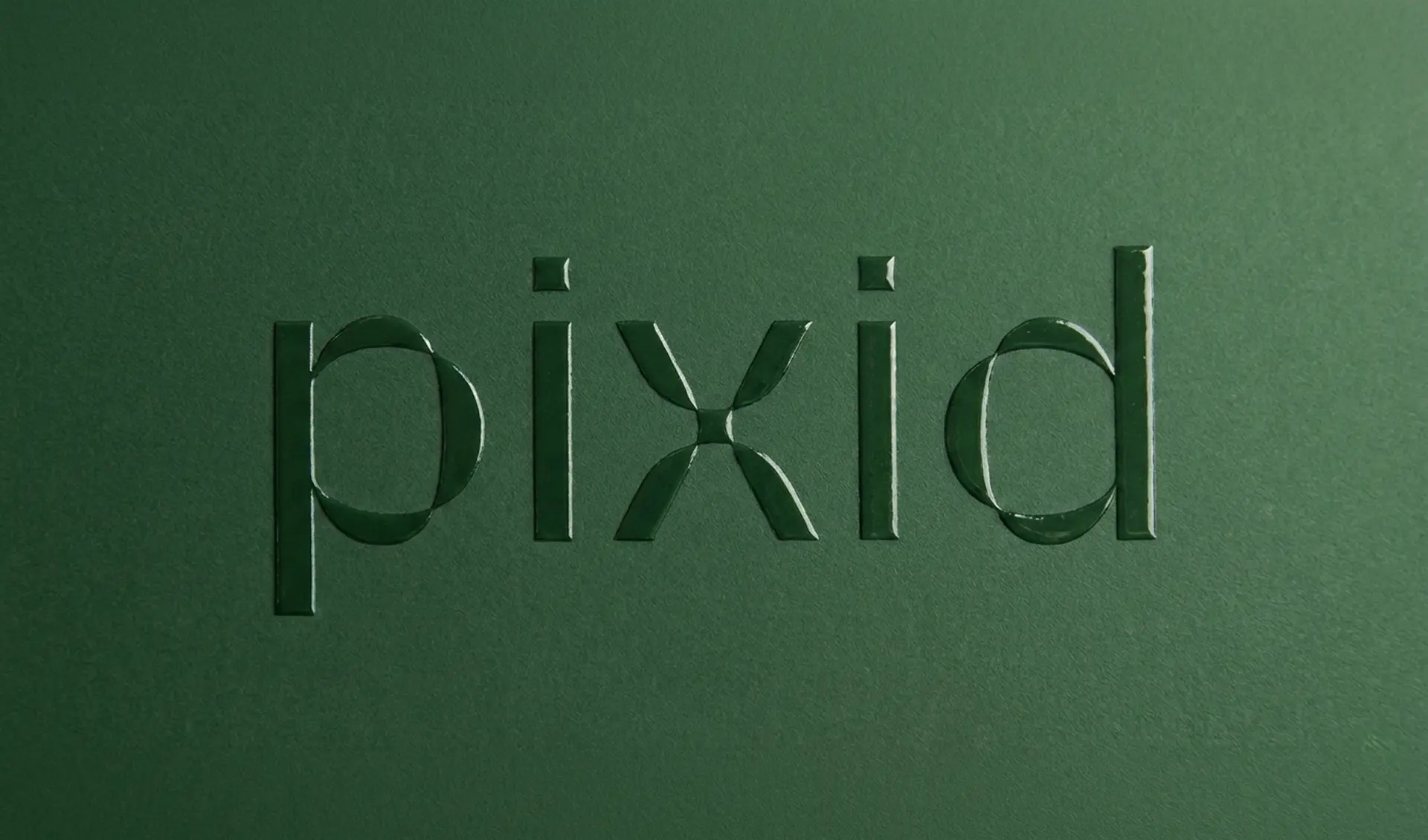Pixid hero — embossed logotype on deep green texture, brand identity redesign for French HR SaaS platform