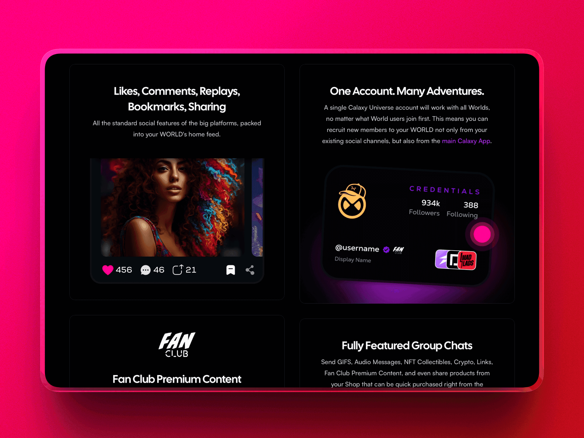 Calaxy website social features grid - Likes Comments Replays Bookmarks bento box with One Account Many Adventures profile card showing 934K followers and Fan Club badge