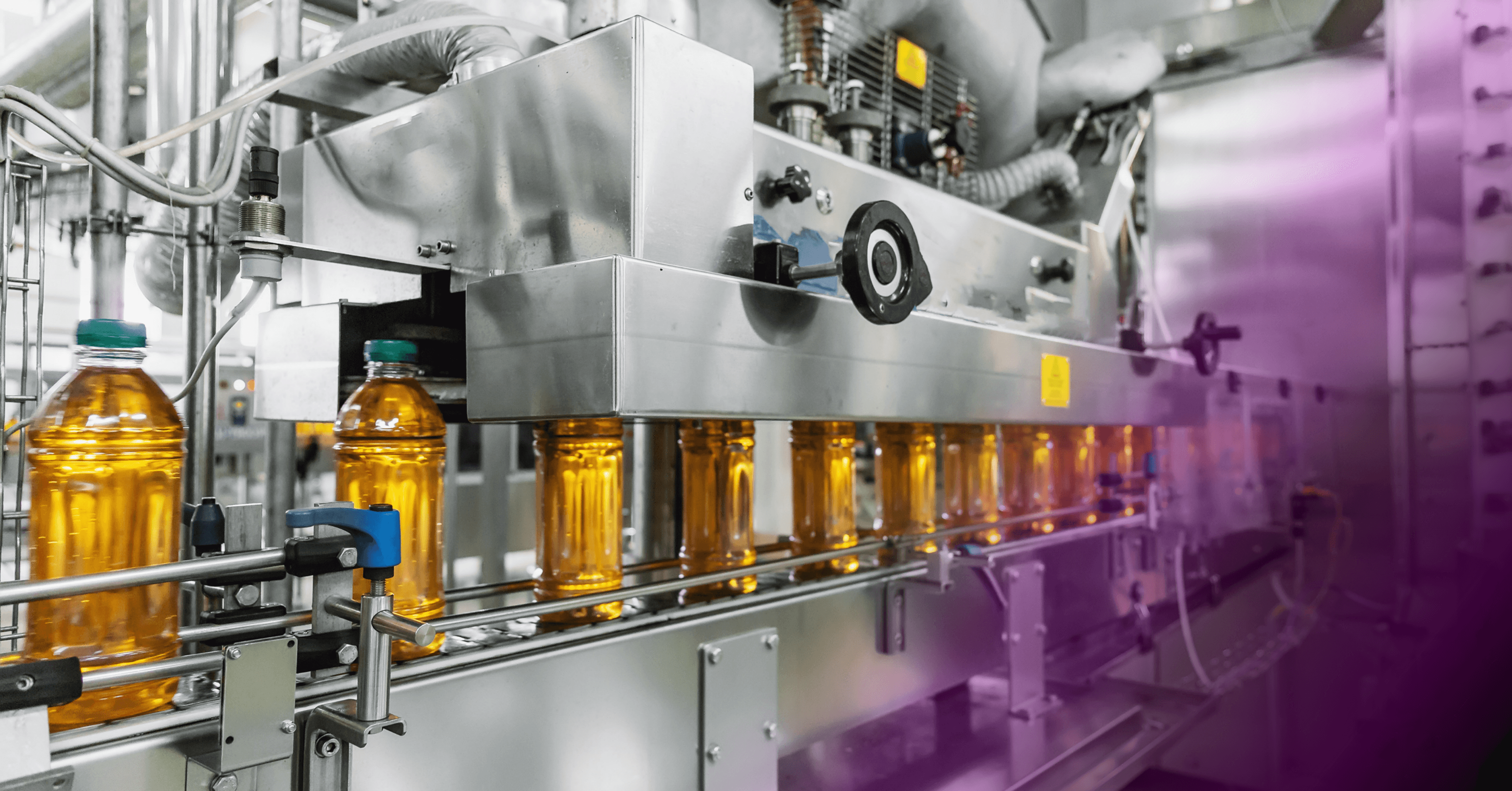 Automated bottling line in a food and beverage manufacturing facility.