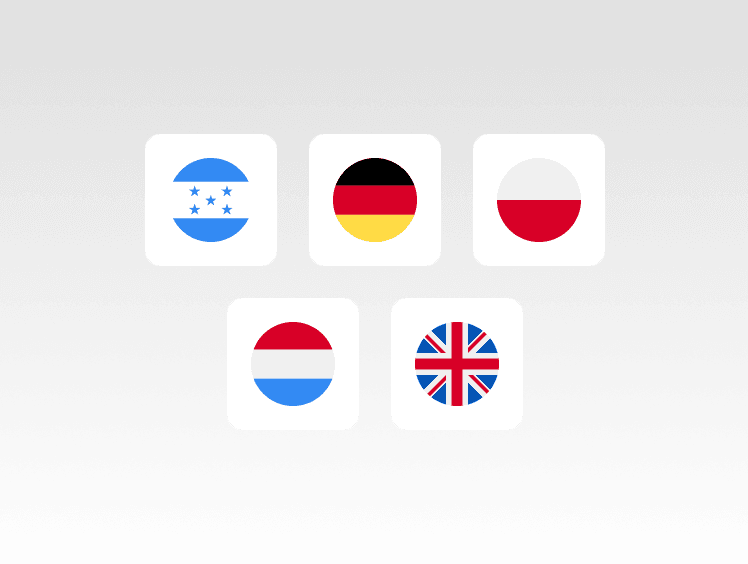 Flags of Honduras, Germany, Poland, Luxembourg, and the United Kingdom on white squares.