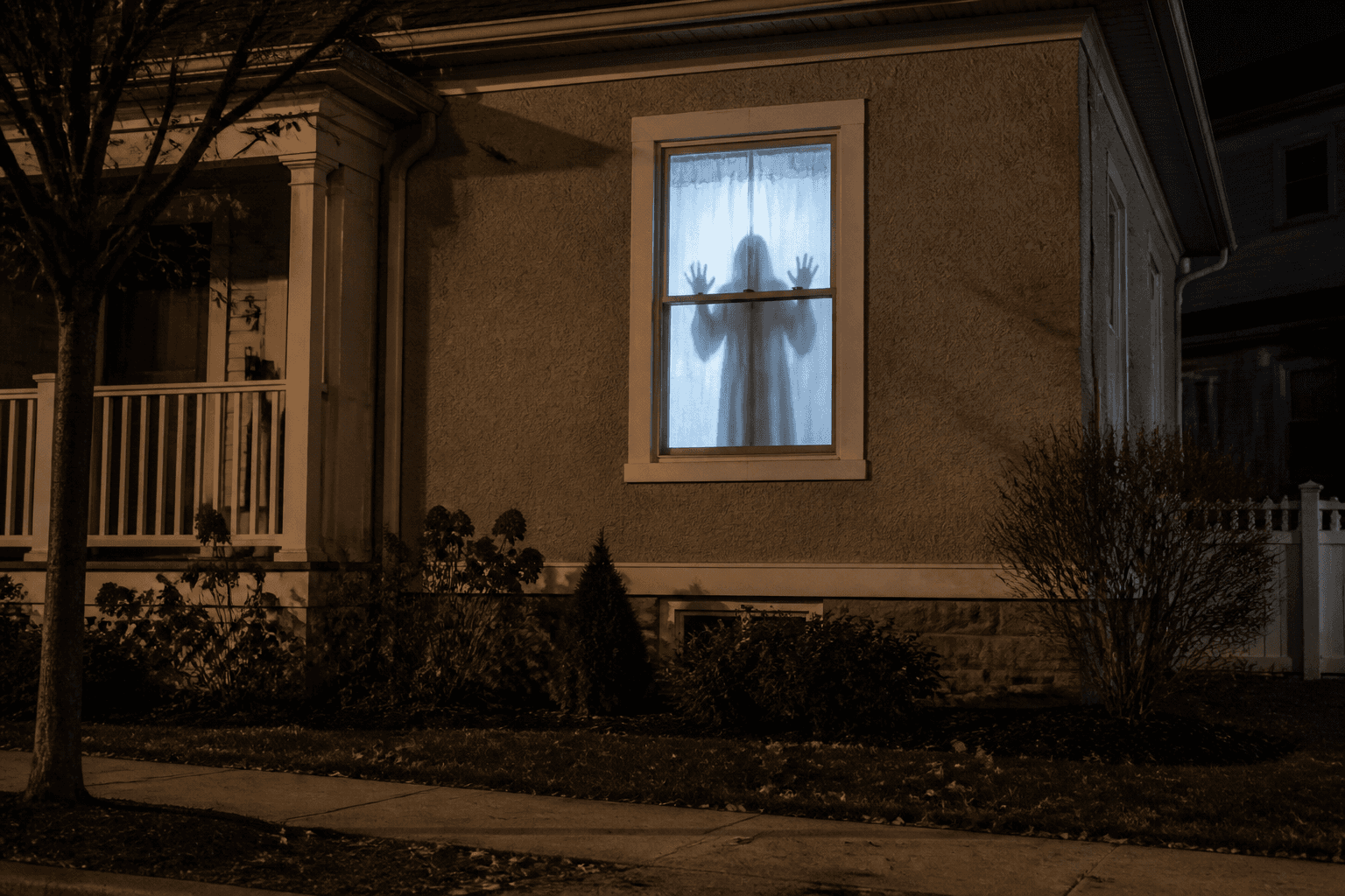 A ghost projection appearing in a street-facing window