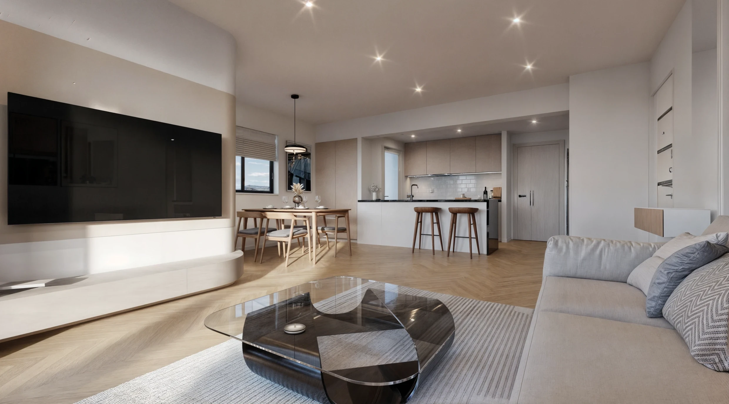 Apartment Type A living room, reverse angle towards the dining and kitchen spaces