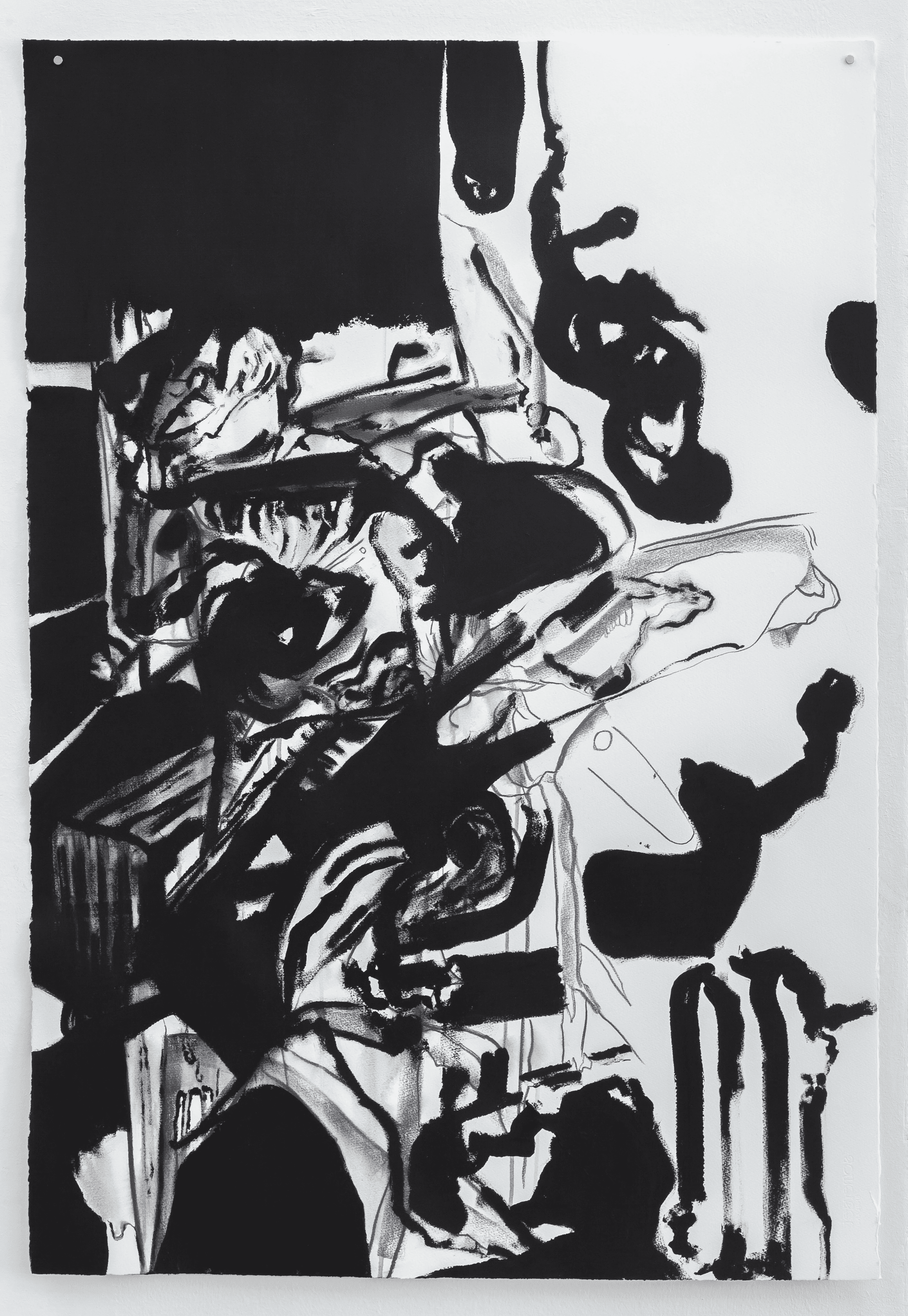 Uzandığım yer cilalı (The floor I lie on is polished), 2022. Acrylic and graphite on paper, 44 x 30 inches (76.2 x 111.76 cm).