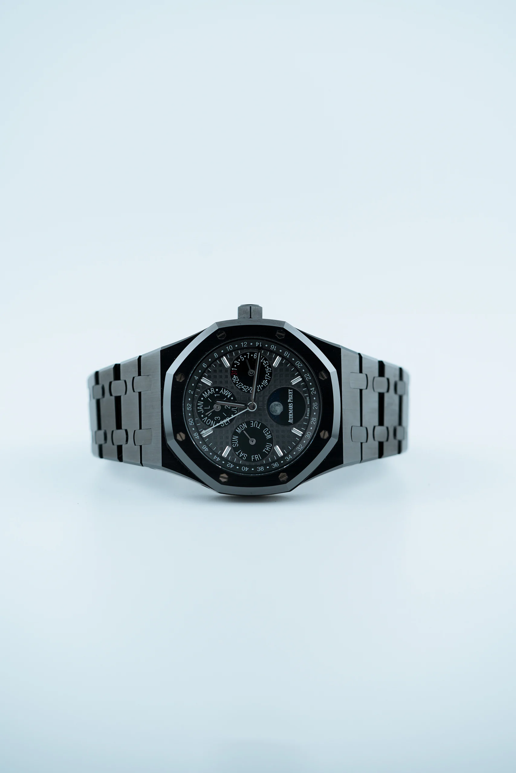 Audemars Piguet Royal Oak Perpetual Calendar Black Ceramic 26579CE.OO.1225CE.01 at Omar’s Timepieces Dubai, angled view