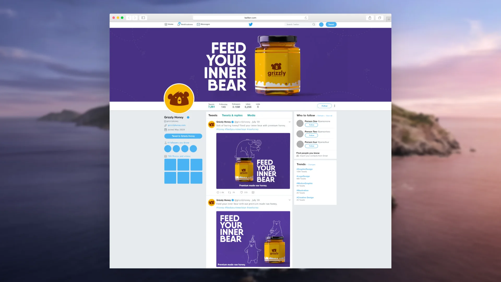 A computer screen showing a Twitter profile for Grizzly Honey. The page features a purple header banner with a honey jar, a yellow bear-head profile icon, and two example tweets featuring promotional posters.