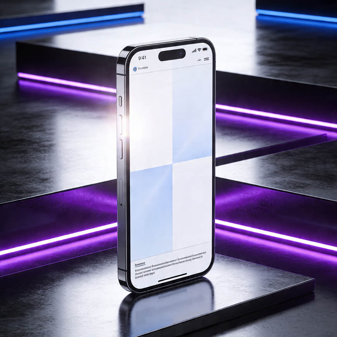 Smartphone mockup standing on a neon-lit platform with purple and blue accents, creating a futuristic tech atmosphere.