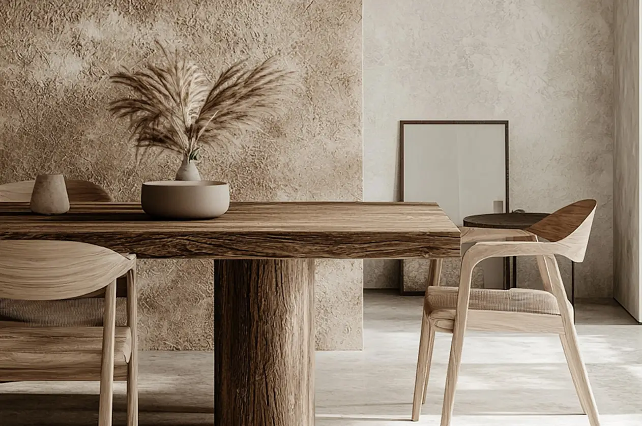 Earthy-toned dining room with natural wood table and chairs.
