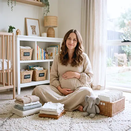 Pregnant woman using Whisprice to plan her nursery, sitting cross-legged on a rug surrounded by neatly organised baby items including folded clothes, nappies and a soft toy elephant, with a cot and shelving visible behind her.