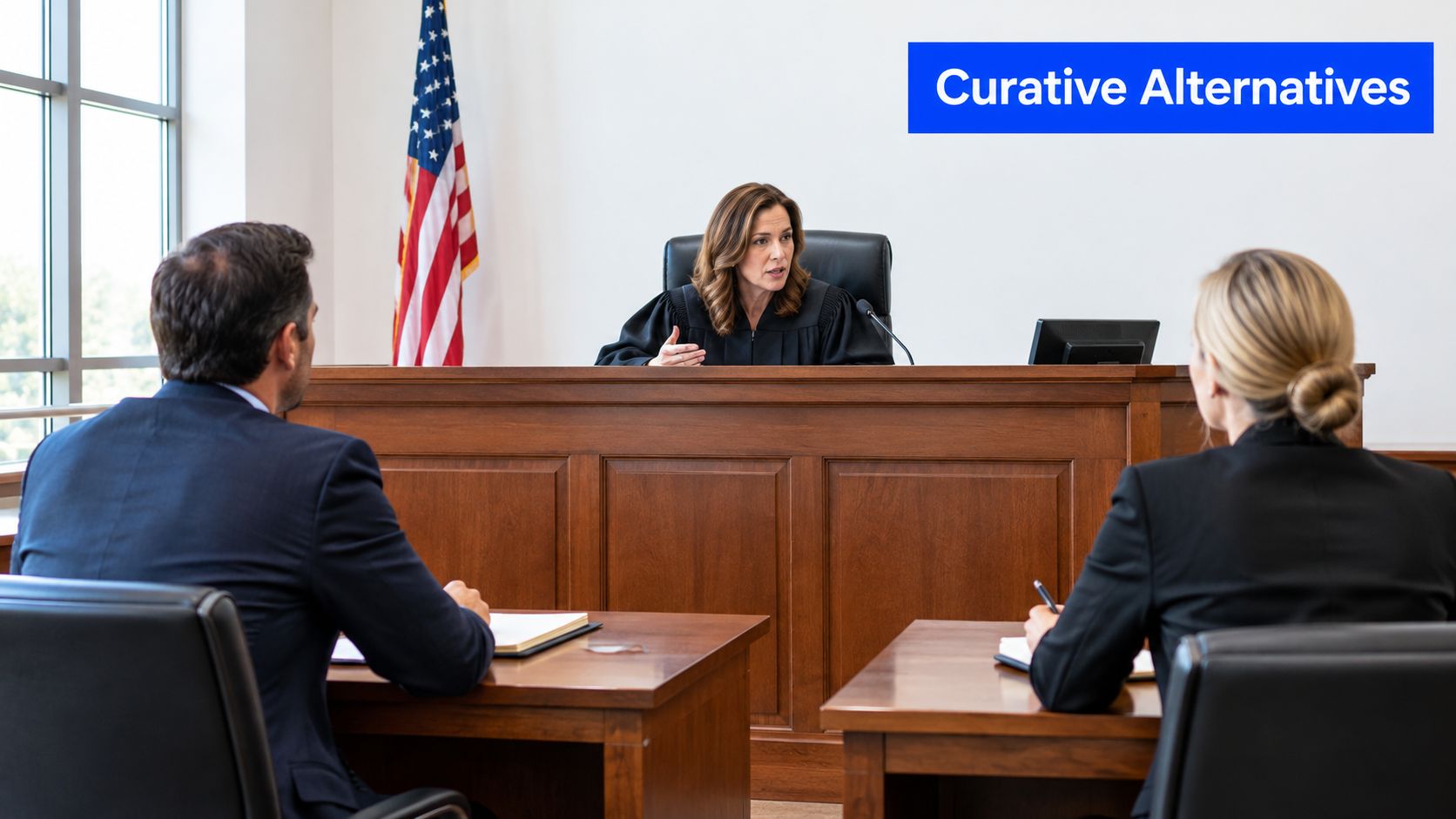 A female judge presiding over a court case with two lawyers sitting at their desks in front.