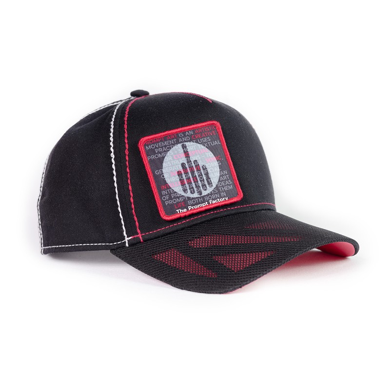 Une casquette noire de la marque The Prompt Factory photographiée en packshot sur fond blanc.