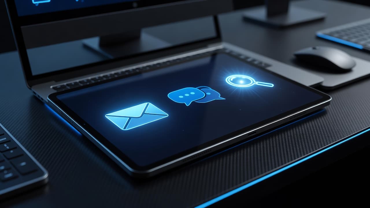 A high-angle view of a professional desk setup featuring a laptop and tablet with glowing interface elements. Vibrant blue lights illuminate the workspace, highlighting a modern multi-channel marketing environment.