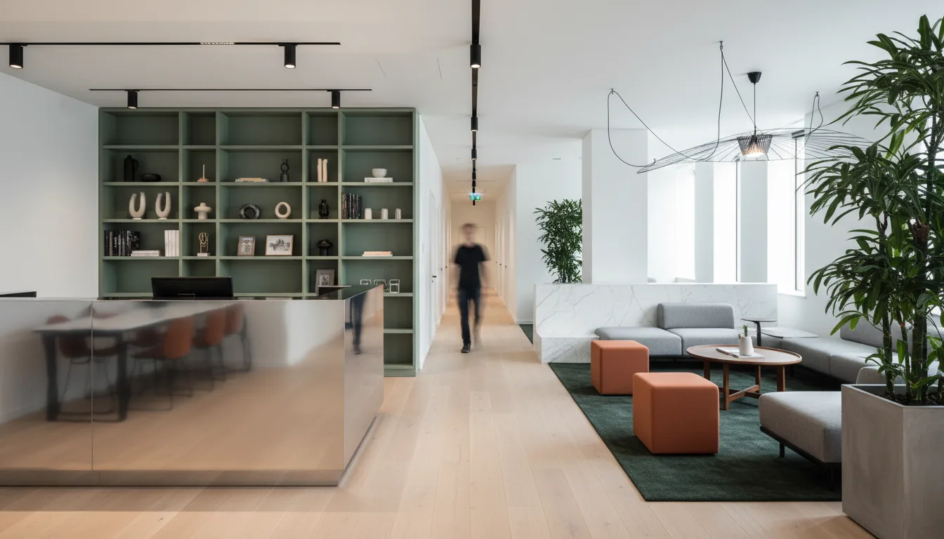 Wide-angle DSLR photograph of a modern, high-end coworking space lobby with Scandinavian design influences. The scene features a long hallway with light-colored, wide-plank wood flooring. On the left is a large, minimalist reception desk with a highly reflective, polished chrome finish. Behind the desk is a floor-to-ceiling shelving unit in a muted sage green, filled with decorative objects. On the right, a lounge area sits on a dark green rug, featuring a low white marble partition, built-in couches, and terracotta-colored upholstered stools. Large potted plants in grey concrete planters add a natural element. The space is illuminated by soft natural daylight, supplemented by black architectural track lighting and a contemporary black pendant lamp with draped wires. A person is captured with slight motion blur walking down the hallway. Sharp focus and clean, architectural lines.