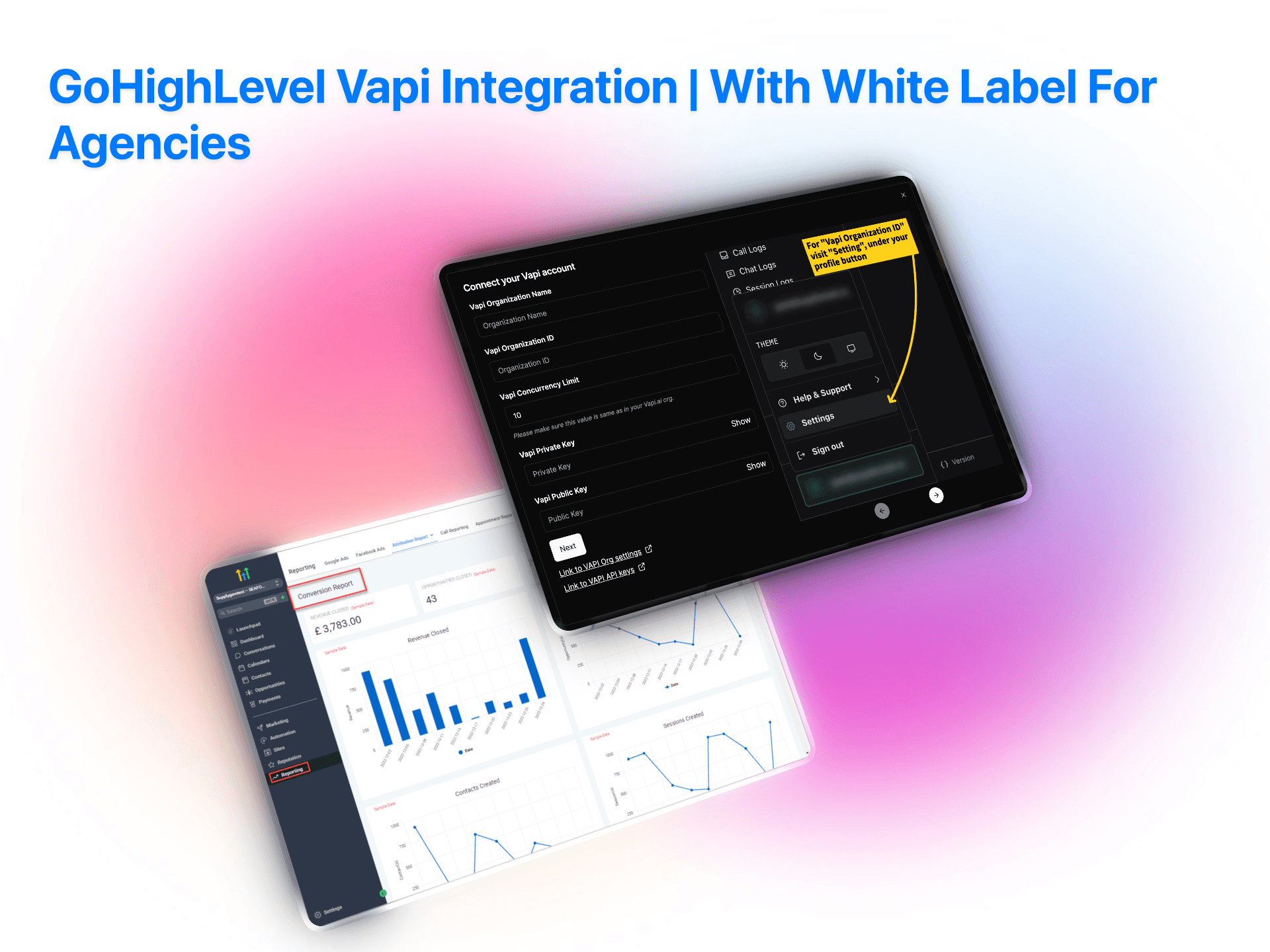 GoHighLevel Vapi integration white label dashboard showing account setup interface and conversion analytics for agencies | VoiceAIWrapper