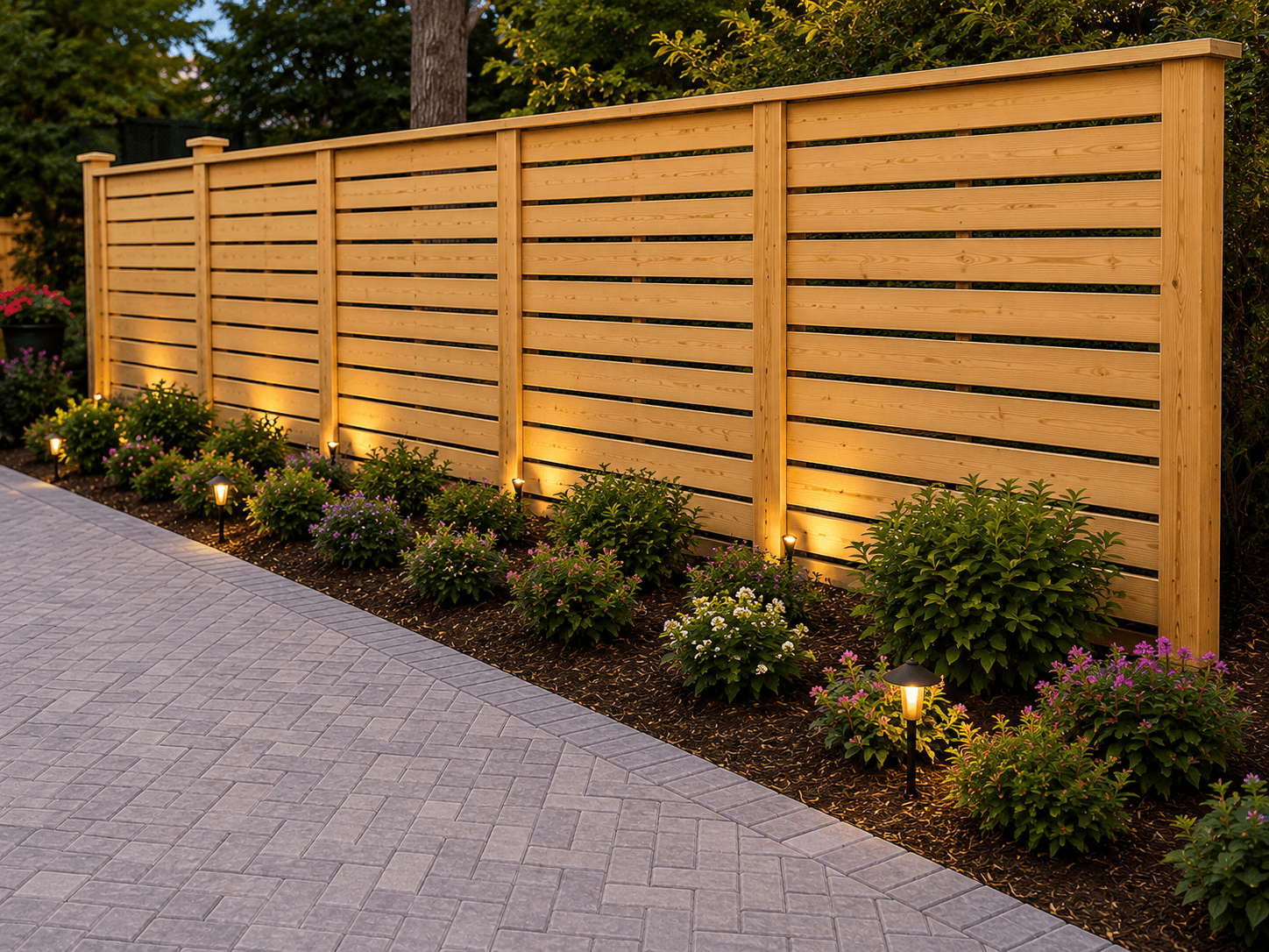 Brick paver patio with a warm wood privacy screen wall and raised deck in a Durham, NC backyard.