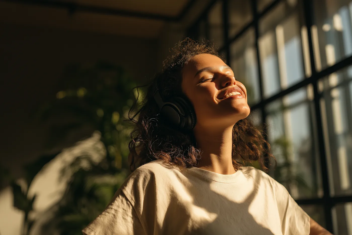 Woman relaxing with headphones by a sunny window