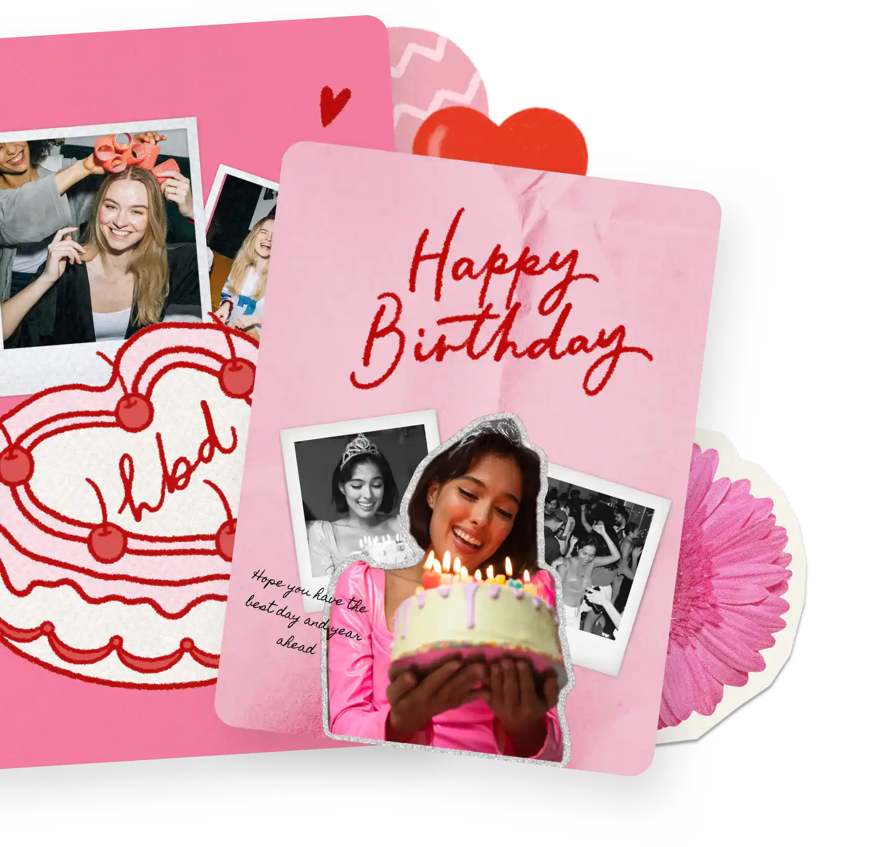 Pink birthday card with handwritten Happy Birthday, polaroid photos of a woman with cake, and a layered hbd cake card behind