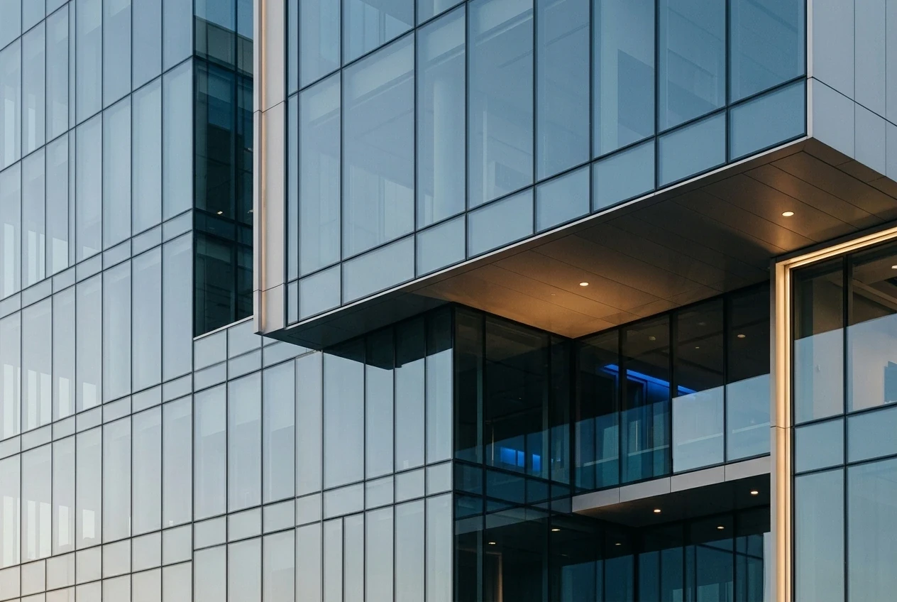 Modern glass office building with light trails from traffic in the foreground