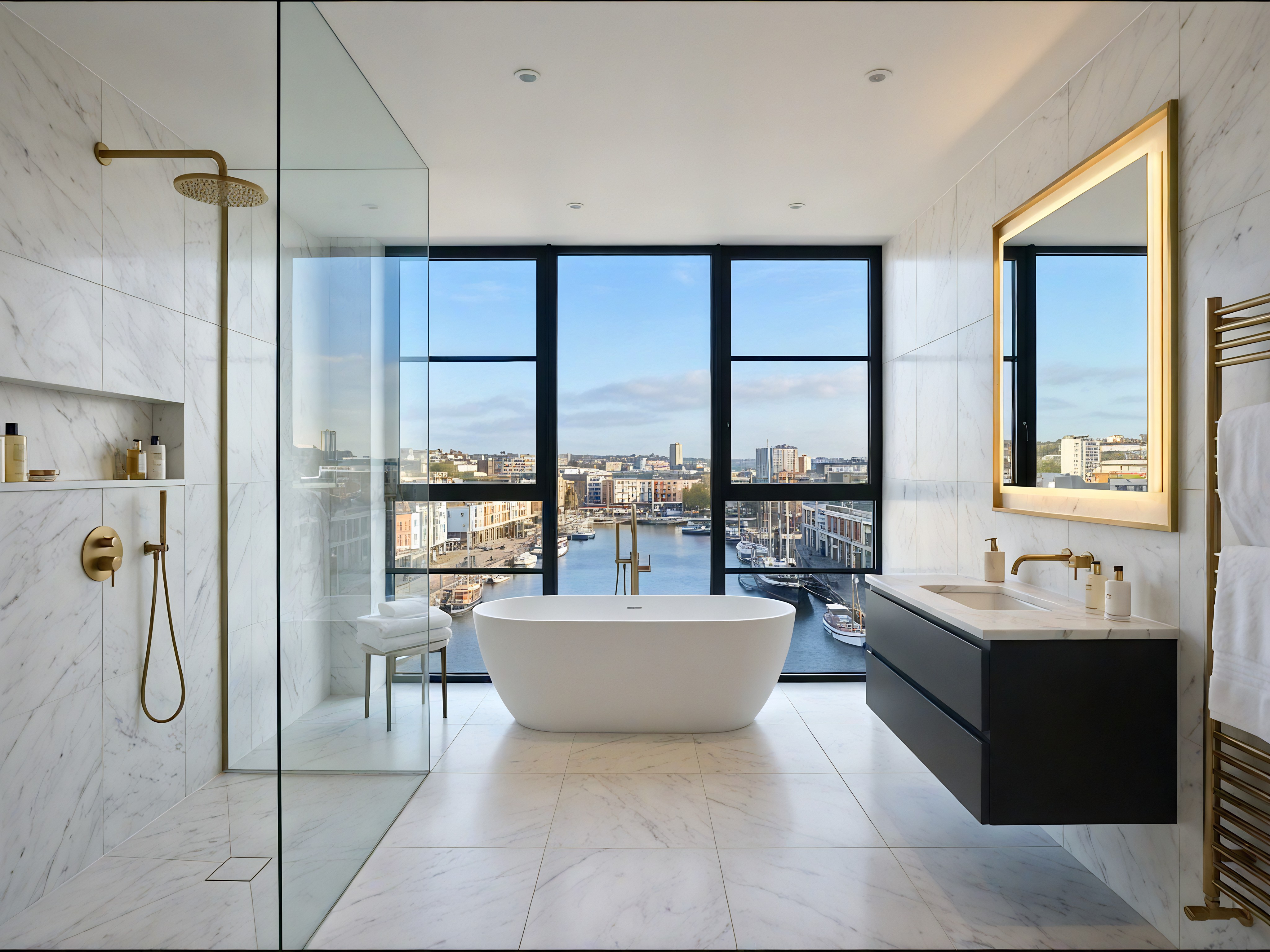 A classic and elegant bedroom with off-white walls features decorative grey raised panels and intricate ceiling moldings. In the left corner, an off-white bedside table with a curved top and three grey drawers with gold-colored handles sits, holding a large grey vase-style lamp with an off-white shade and a glass vase with small stems of tiny buds. In front of the curved, raised wall panel to the right is an off-white double-sized winged upholstered bed with light-colored bedding and beige cushions. At the foot of the bed is an ornate gold-colored and off-white upholstered bench.  A large square-shaped grey rug sits under the bed. In the far wall, between a raised panel on the left and a large, mullioned window is a white wooden door with two panels and round, gold-colored handles. To the right of the window, against the wall, is a large dark-grey vase with a healthy green plant. Sunlight streams in through the window, illuminating the room.