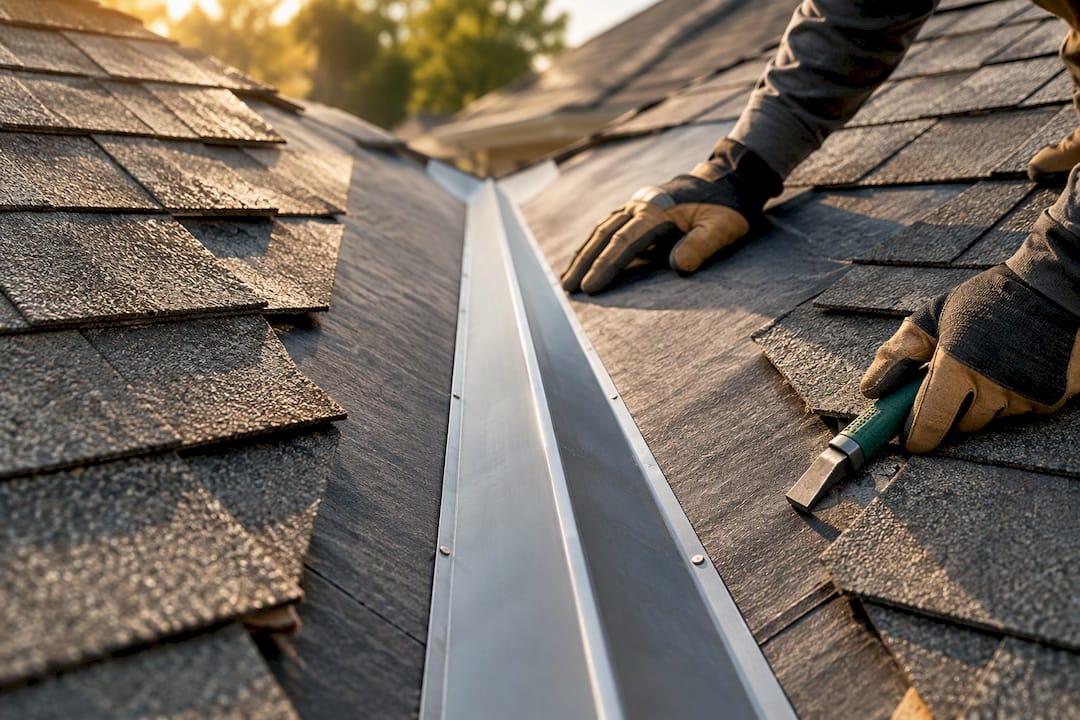 Exposed roof valley flashing under repair