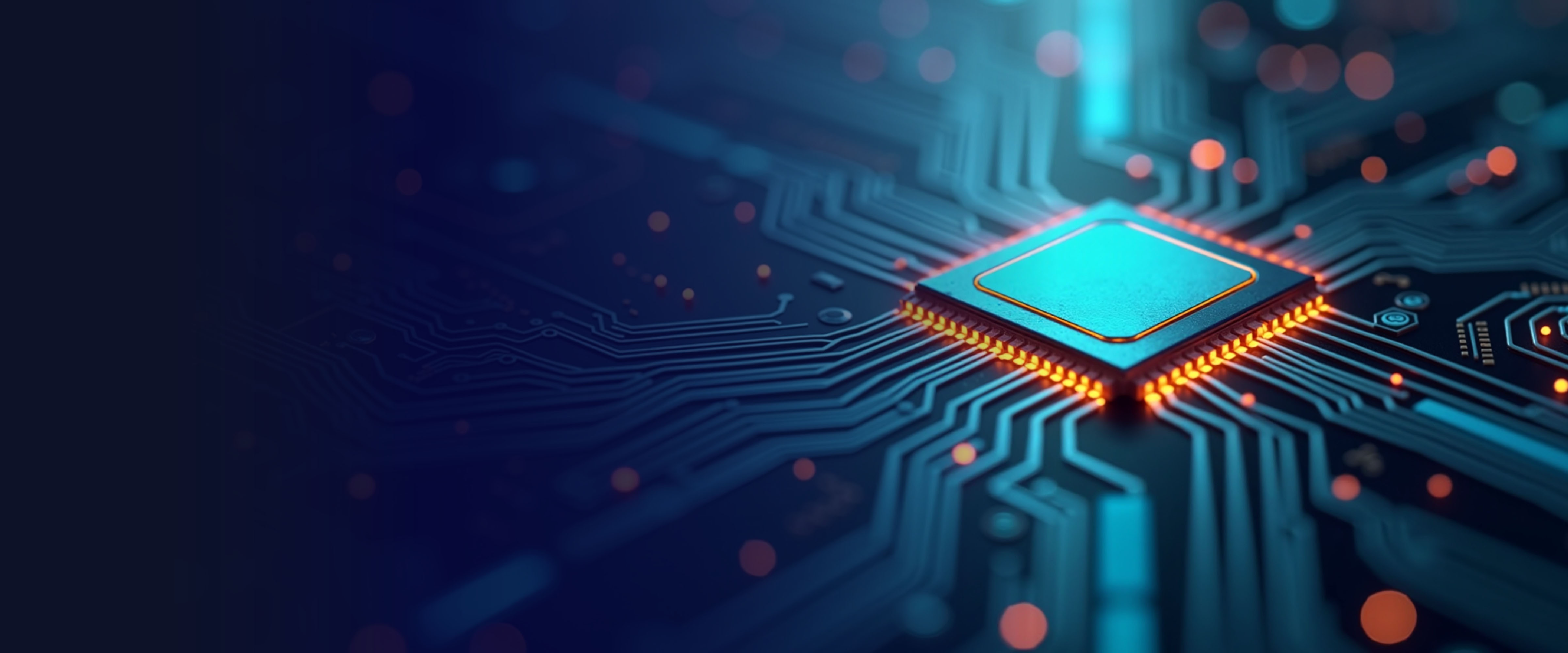 Microchip on a circuit board over a blue background.