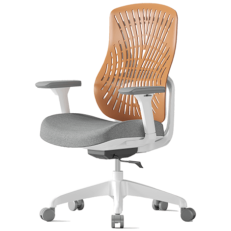 TCHOD Furniture 2026 Model No. 827B ergonomic staff chair featuring a tan-colored flexible polymer backrest with a rhythmic slotted ventilation pattern, grey fabric cushioned seat, white frame, and adjustable T-armrests on a 5-star swivel base.