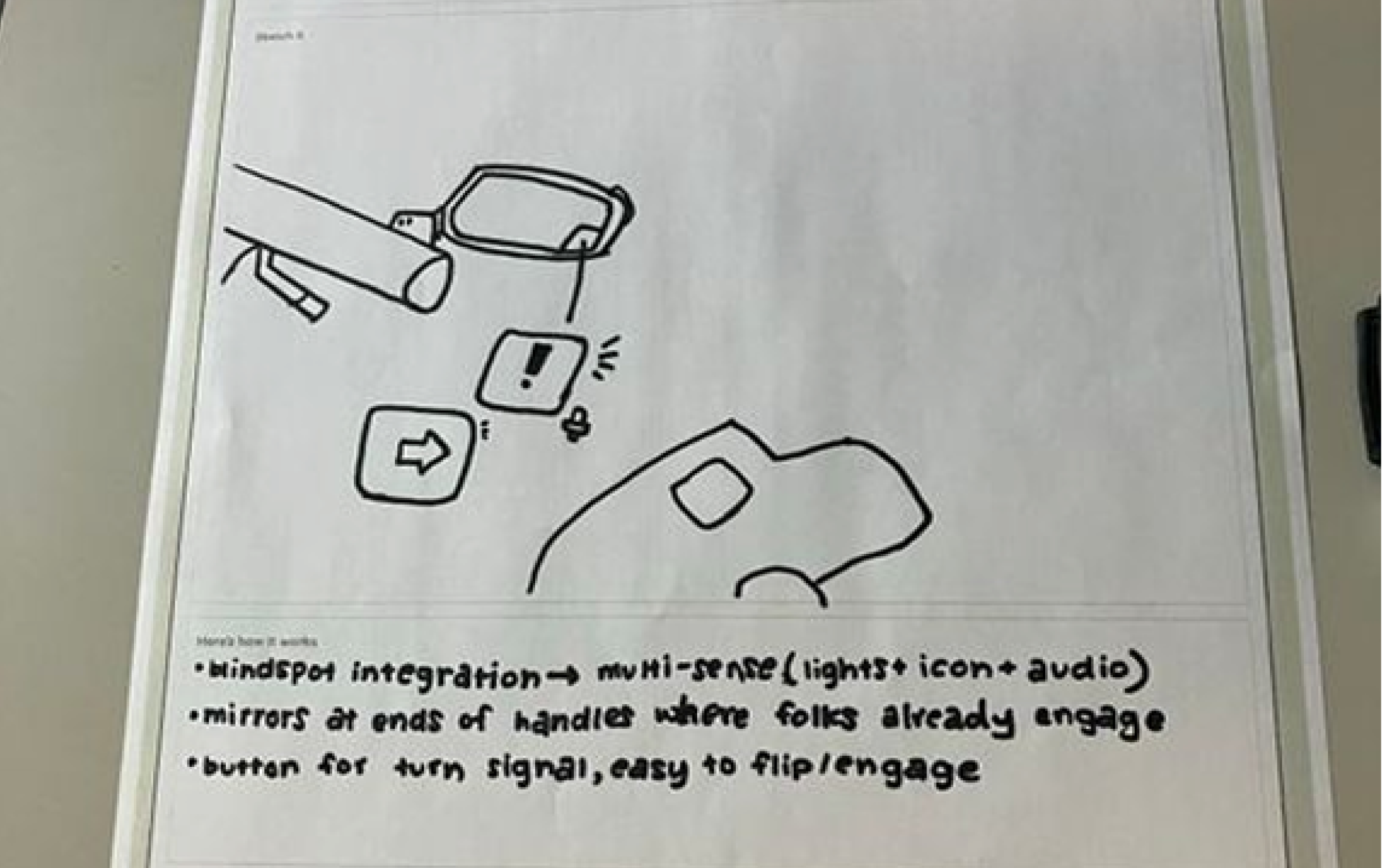 Sketch with mirror attached to the side of bike handles, with zoom-in on potential warnings in the bottom right of the mirror