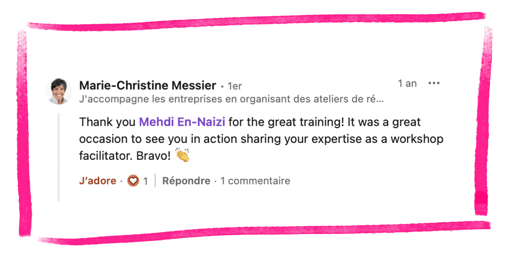 Testimonial from Marie-Christine Messier about insights from Mehdi En-Naizi’s workshop