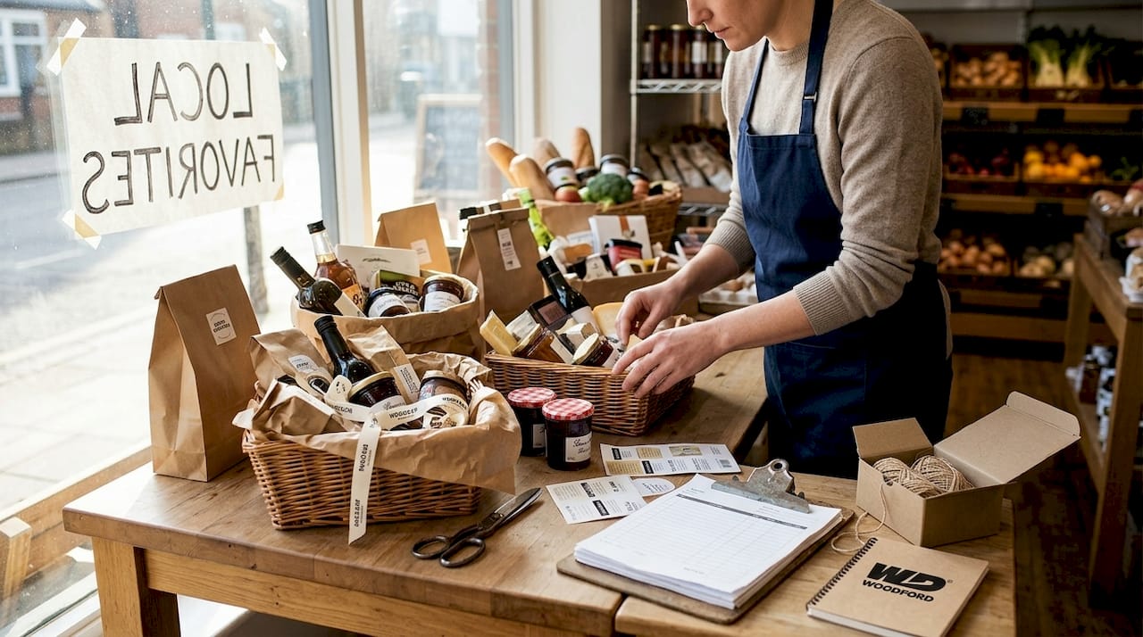 Employee arranging curated food hampers