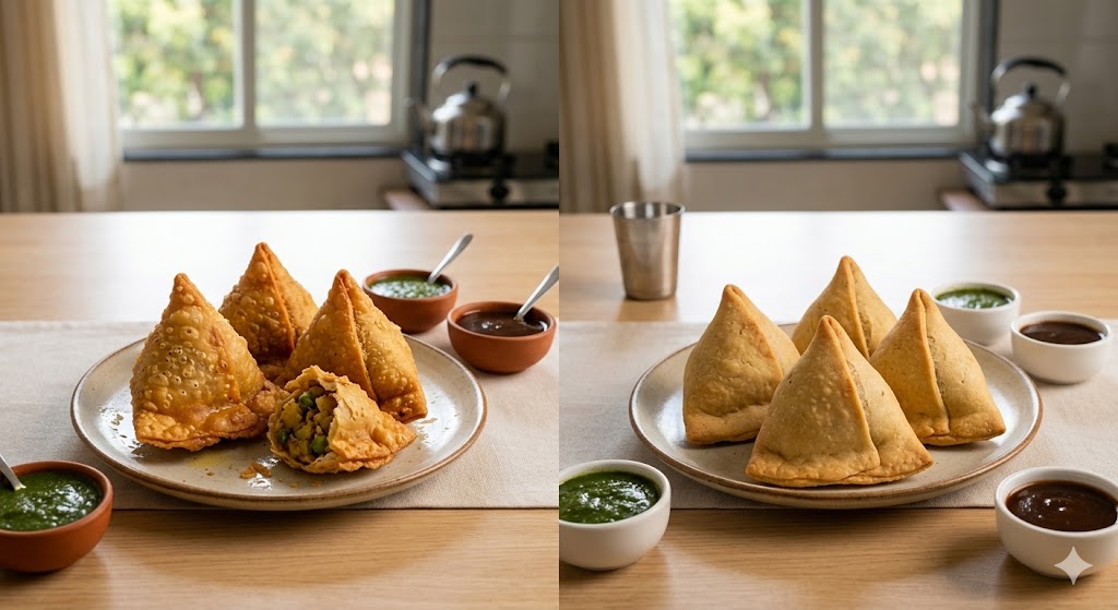 A side-by-side comparison photograph of deep-fried versus baked Indian samosas on a table. The left image shows golden, crispy fried samosas on a plate with terracotta bowls of green chutney and tamarind chutney. The right image shows baked samosas on a similar plate with white ceramic bowls, showcasing their lighter, matte finish. Both plates are served with chutneys, with a kitchen background.