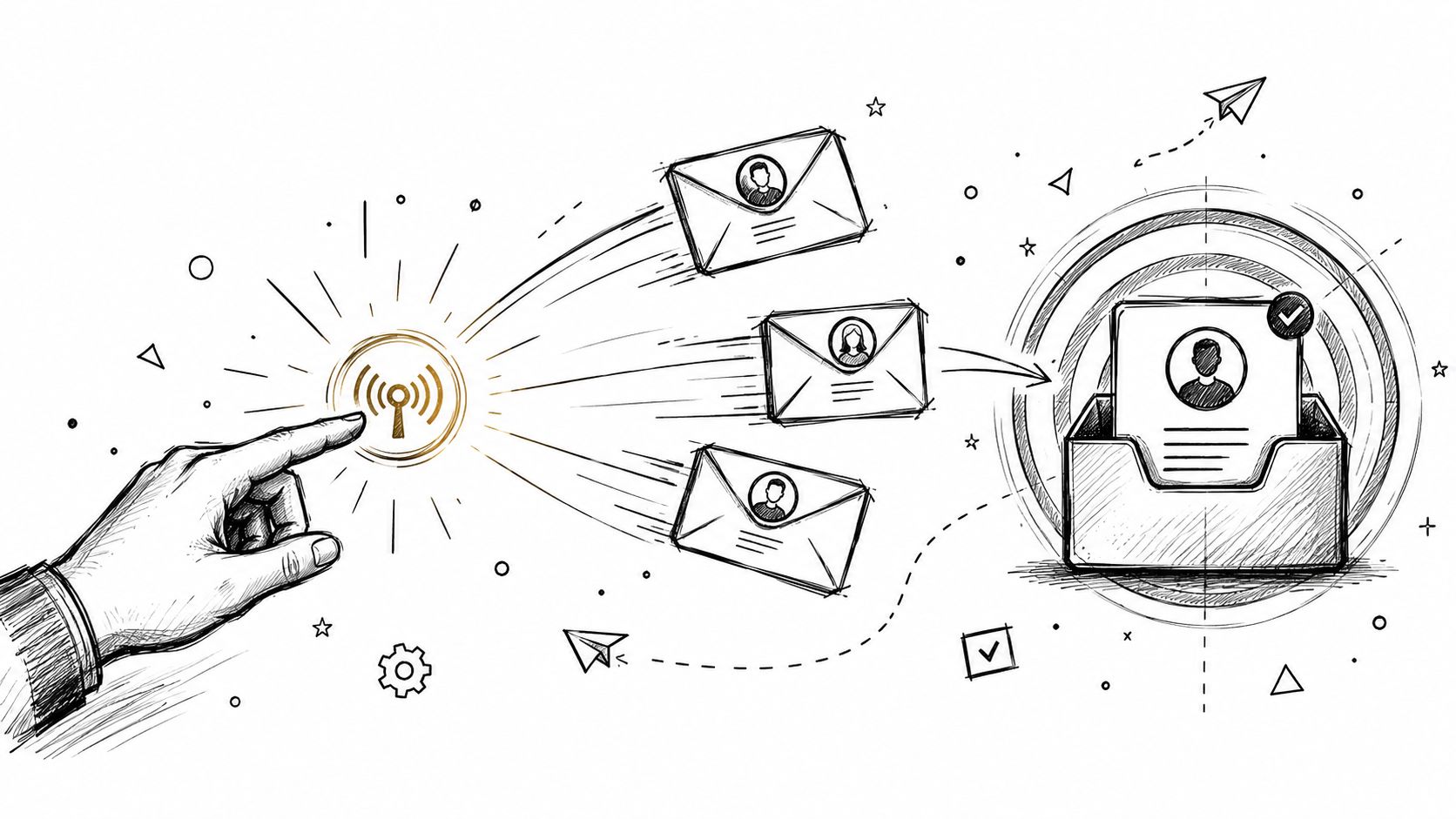 A hand touches a wireless icon triggering digital envelopes to fly into an inbox for job recruitment.