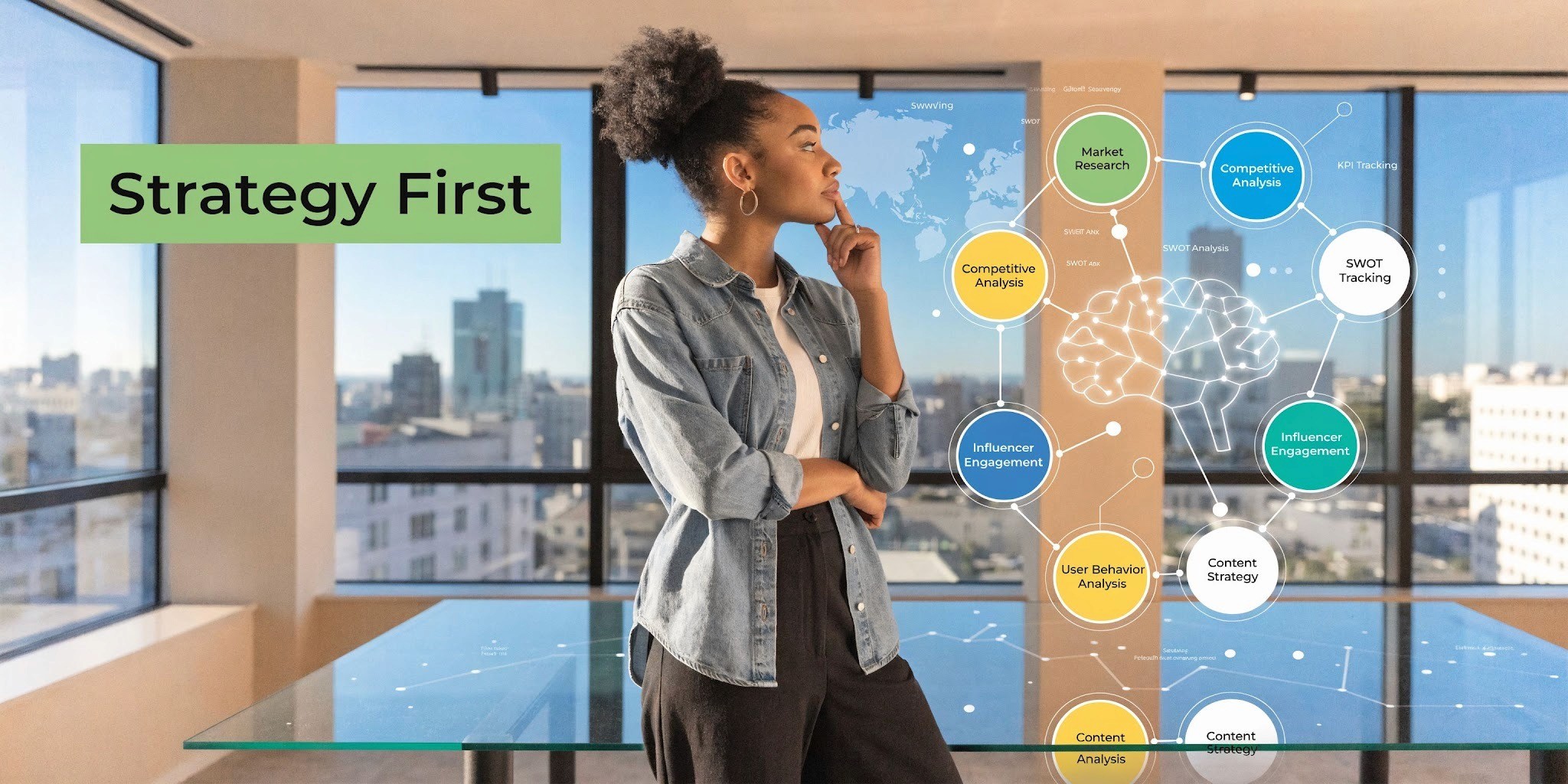 A professional woman standing in an office looking at a digital strategy diagram featuring AI brain concepts.