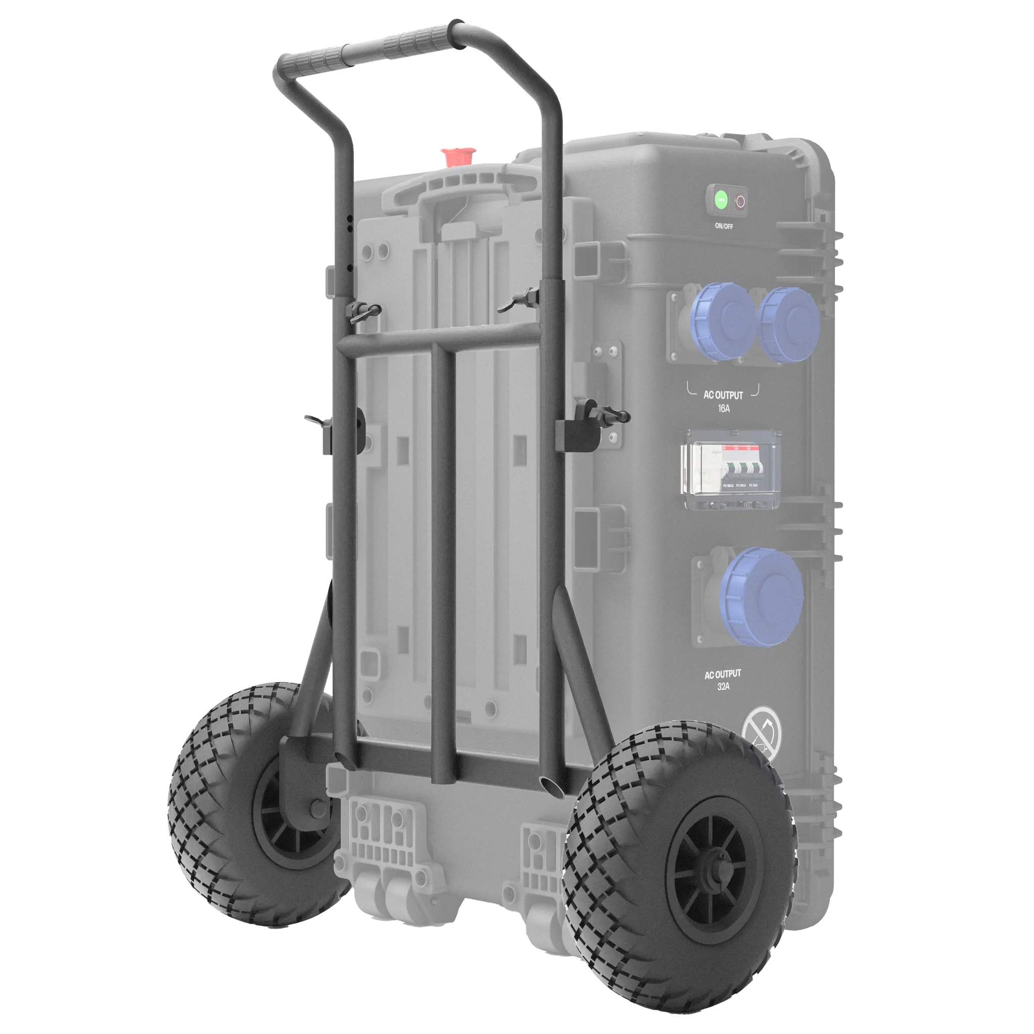 A black foldable solar panel with four sections, propped up on a stand.