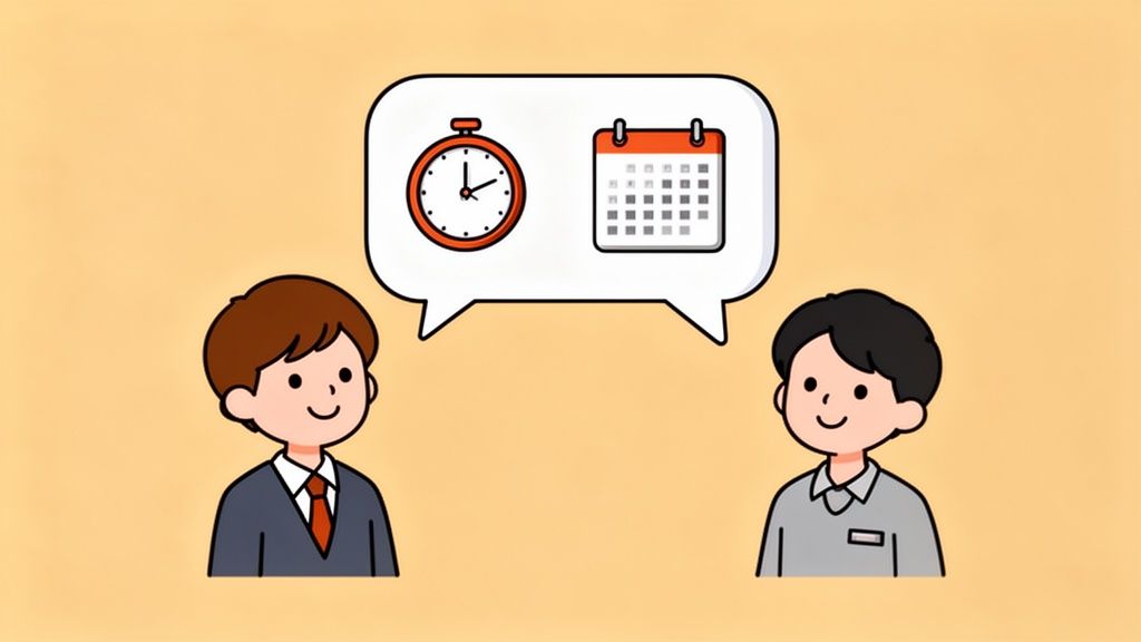 Two cartoon men discussing time and schedule, represented by a clock and calendar in a speech bubble.