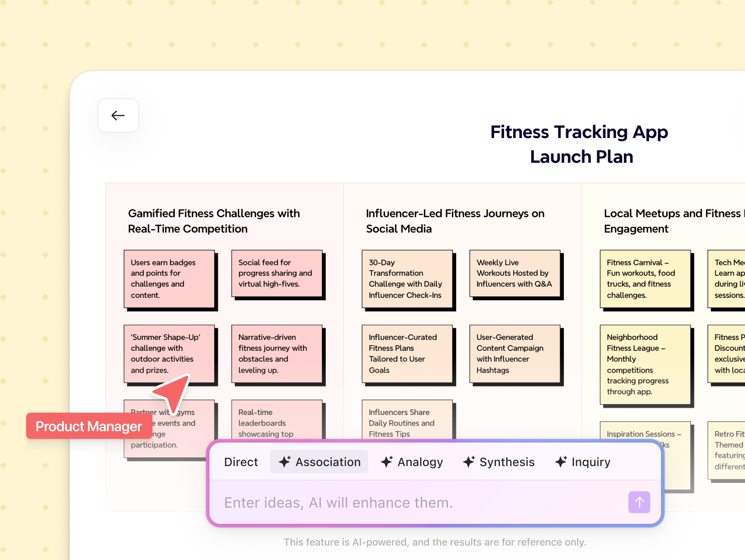 Xmind board showing a fitness tracking app launch plan with structured ideas, sticky notes, and AI-assisted brainstorming across multiple planning sections