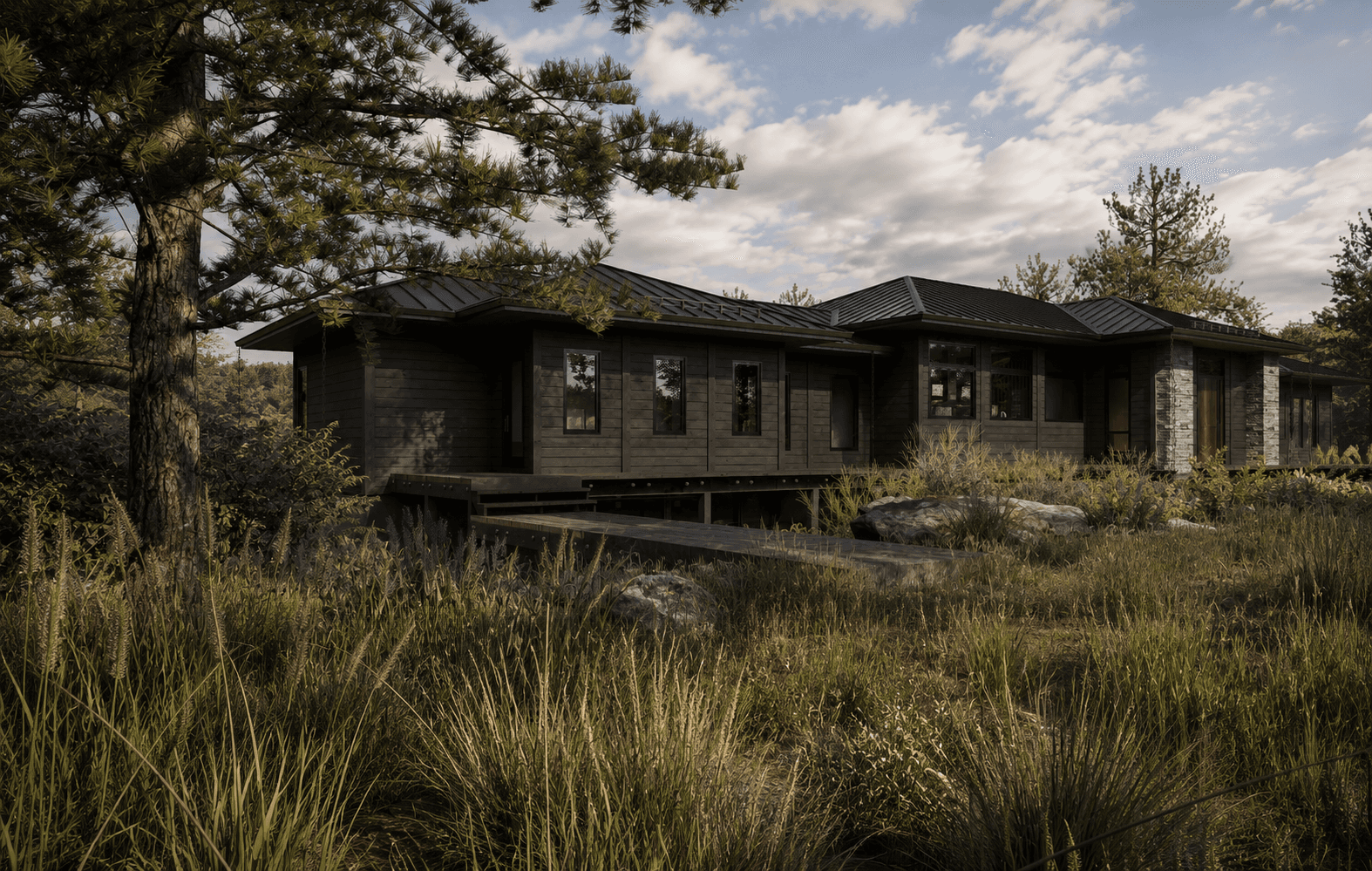muskoka modern sprawling cottage with a material palette that blends with it's environment.