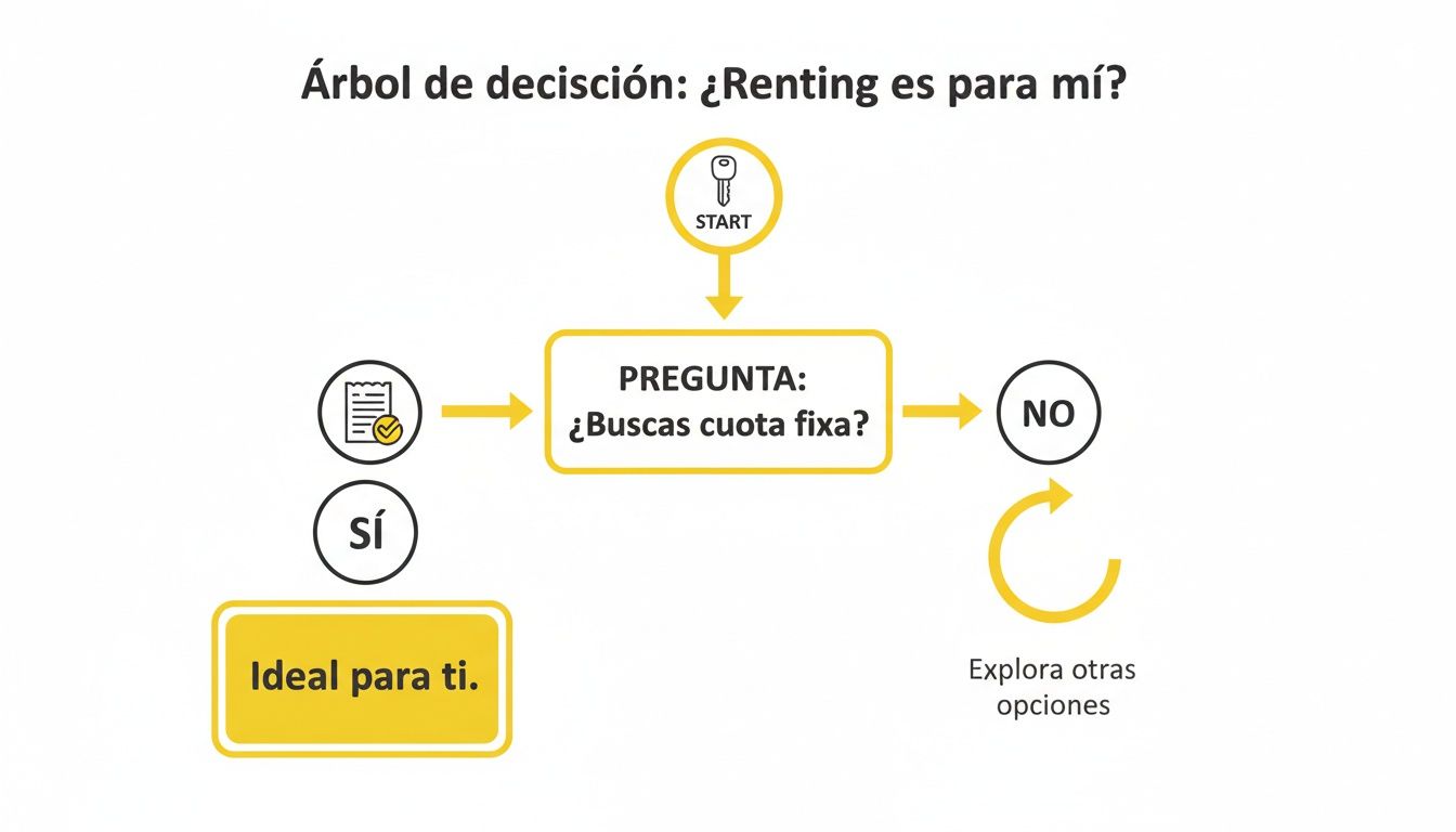 Árbol de decisión simple sobre si el renting de vehículos es adecuado para ti, con pregunta clave sobre cuota fija.