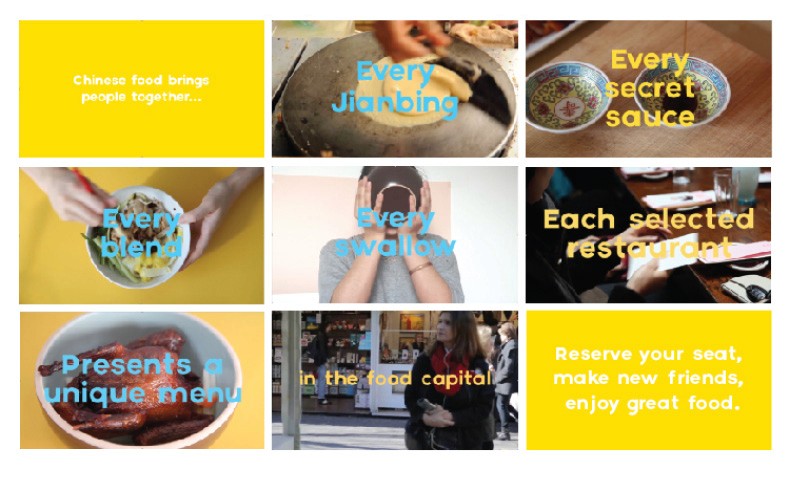 A collage of nine images shows various aspects of Chinese cuisine. The top left image displays the text "Chinese food brings people together...". The top middle image shows a person stirring a wok with sauce. The top right image shows two bowls of sauce. The middle left image shows hands holding a bowl of food. The middle middle image shows a person covering their face with their hands. The middle right image shows a person seated at a table. The bottom left image shows a bowl of roasted meat. The bottom middle image shows a woman in a red scarf standing near a food cart. The bottom right image displays the text "Reserve your seat, make new friends, enjoy great food."