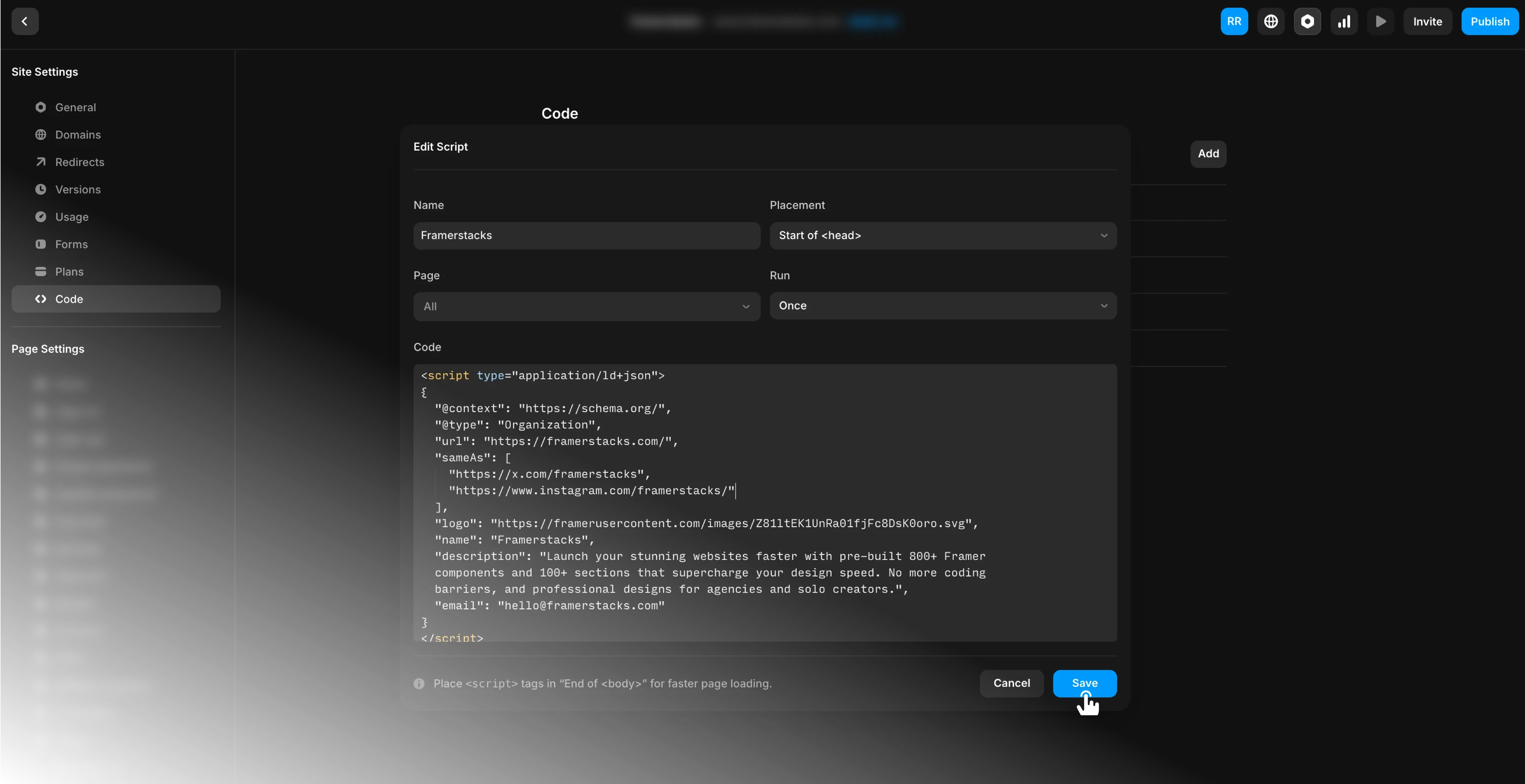 A dark themed add script interface to add structured data to a Framer website
