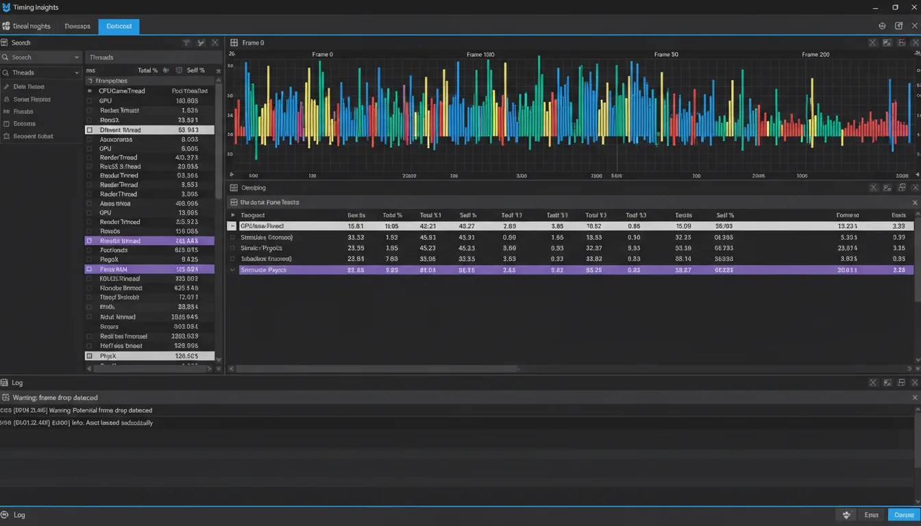 A screenshot of the Unreal Engine performance profiling tool, Unreal Insights, showcasing a modern dark mode user interface. The layout is a complex dashboard with multiple panels: a main top panel with a detailed performance timeline graph showing multi-colored vertical bars, a large side panel with a hierarchical data grid filled with placeholder text and numerical data, and a bottom panel acting as a log viewer. The UI features a dark charcoal theme with vibrant blue accents for active tabs and UI elements, and purple highlights on selected data rows. Includes various UI elements like icons, search bars, and dropdown menus.