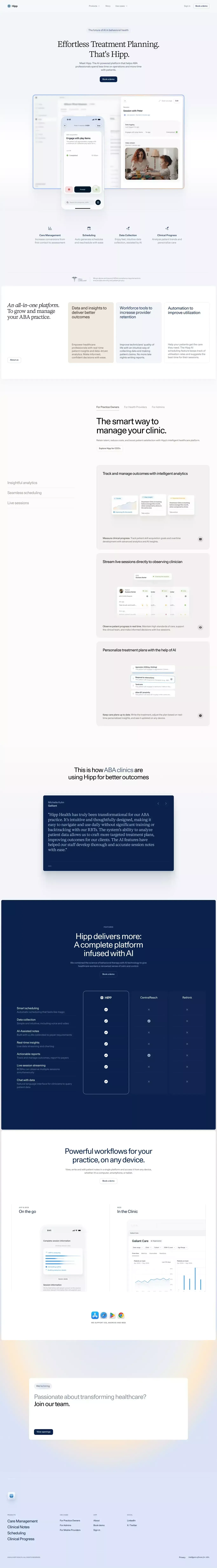 Clinical Notes in Seconds. That’s Hipp landing page screenshot showcasing AI and Medical design