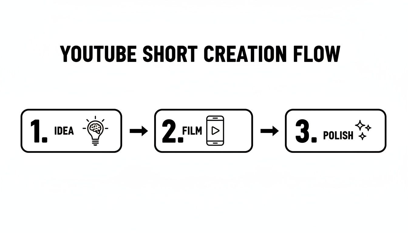 A clear diagram outlining the three-step YouTube Short creation flow: Idea, Film, and Polish.