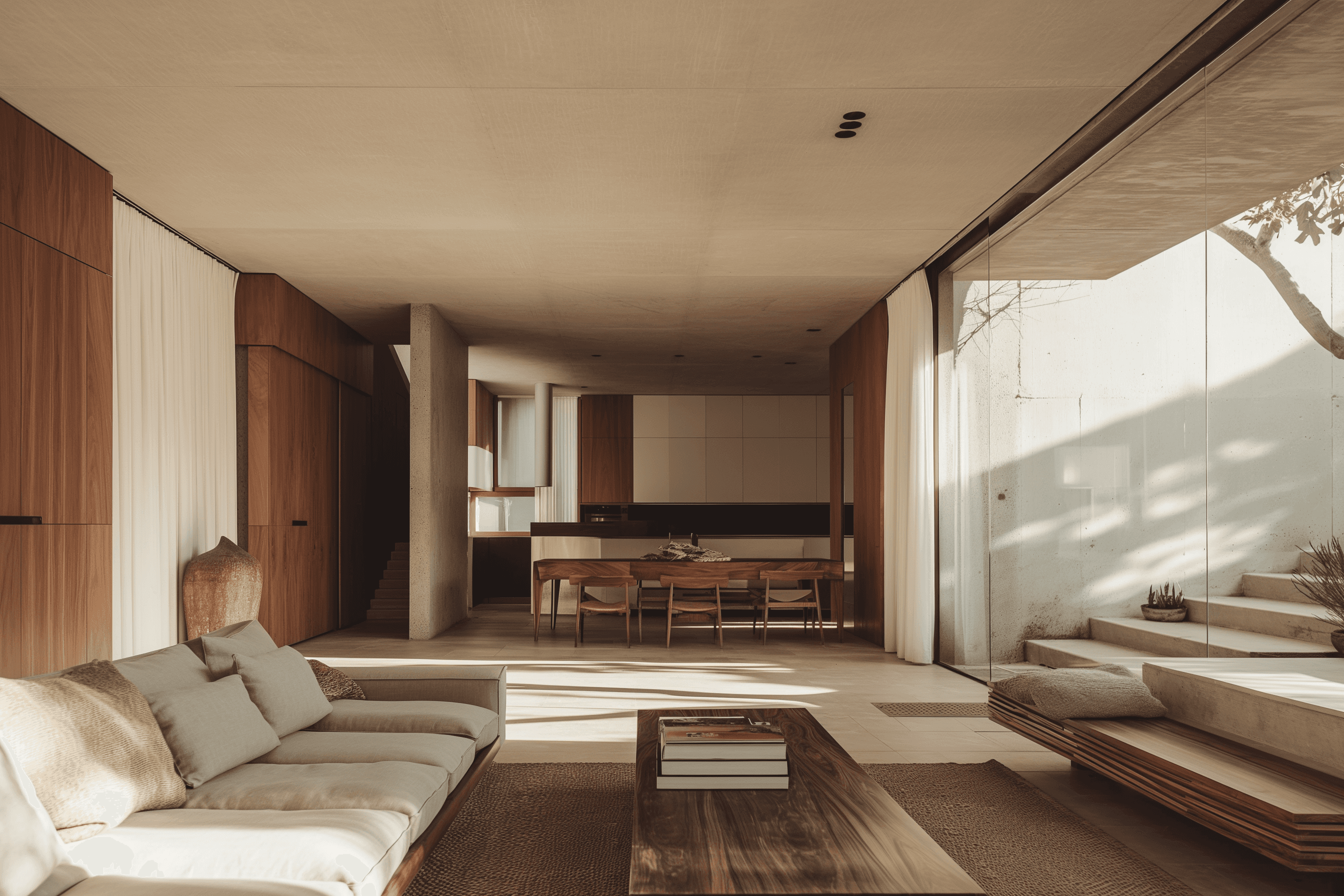 Modern minimalist interior design with natural daylight, warm wood textures, and open-plan living area featuring a neutral color palette and floor-to-ceiling glass wall.