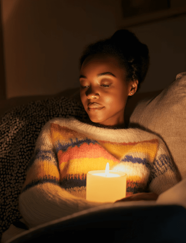  young woman holding a glowing candle