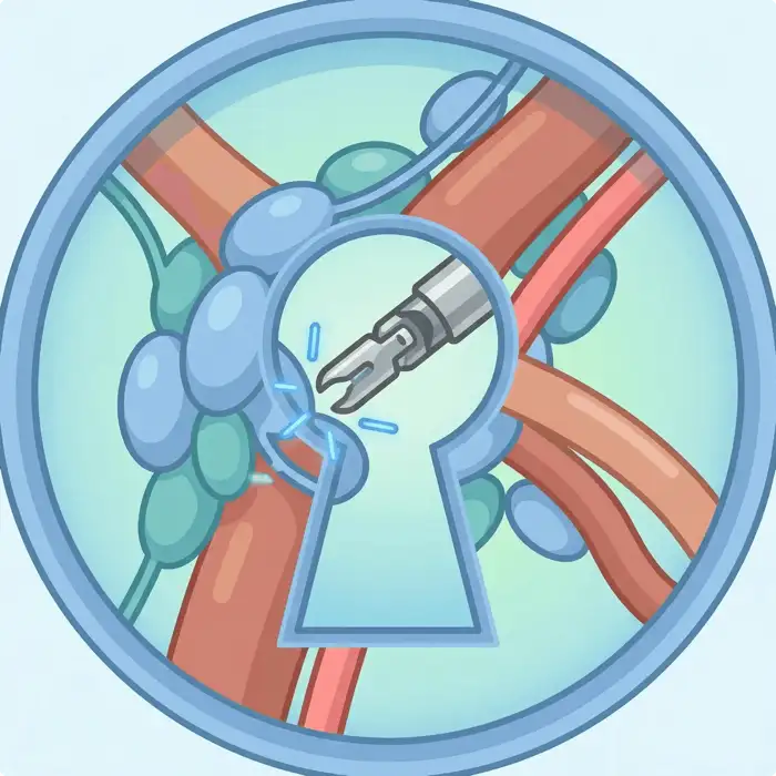Penile Cancer का Icon. Minimally invasive स्कीमैटिक of the inguinal lymph nodes. एक robotic उपकरण keyhole incision के माध्यम से R-VEIL (Robotic Video Endoscopic Inguinal Lymph Node Dissection - रोबोटिक वीडियो एंडोस्कोपिक इन्गुइनल लिम्फ नोड डिसेक्शन) करता है, जिसमें लिंफेडेमा की रोकथाम को प्राथमिकता दी जाती है।