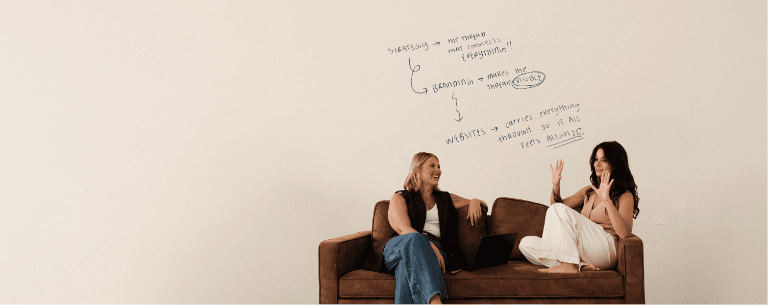 Common Thread Co. founders Fallon and Molly sitting together, ready to help small business owners build a brand that works
