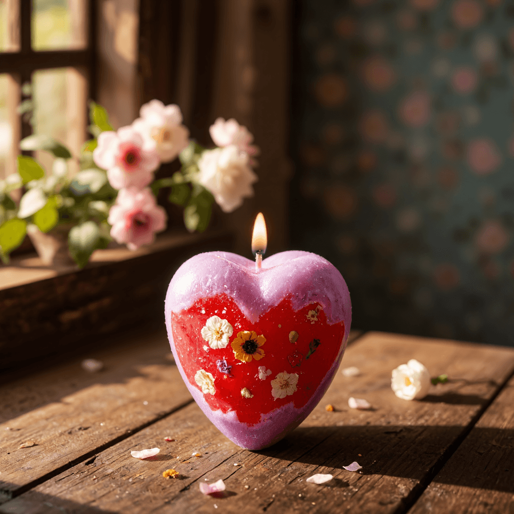 product photography of a heart-shaped decorative candle