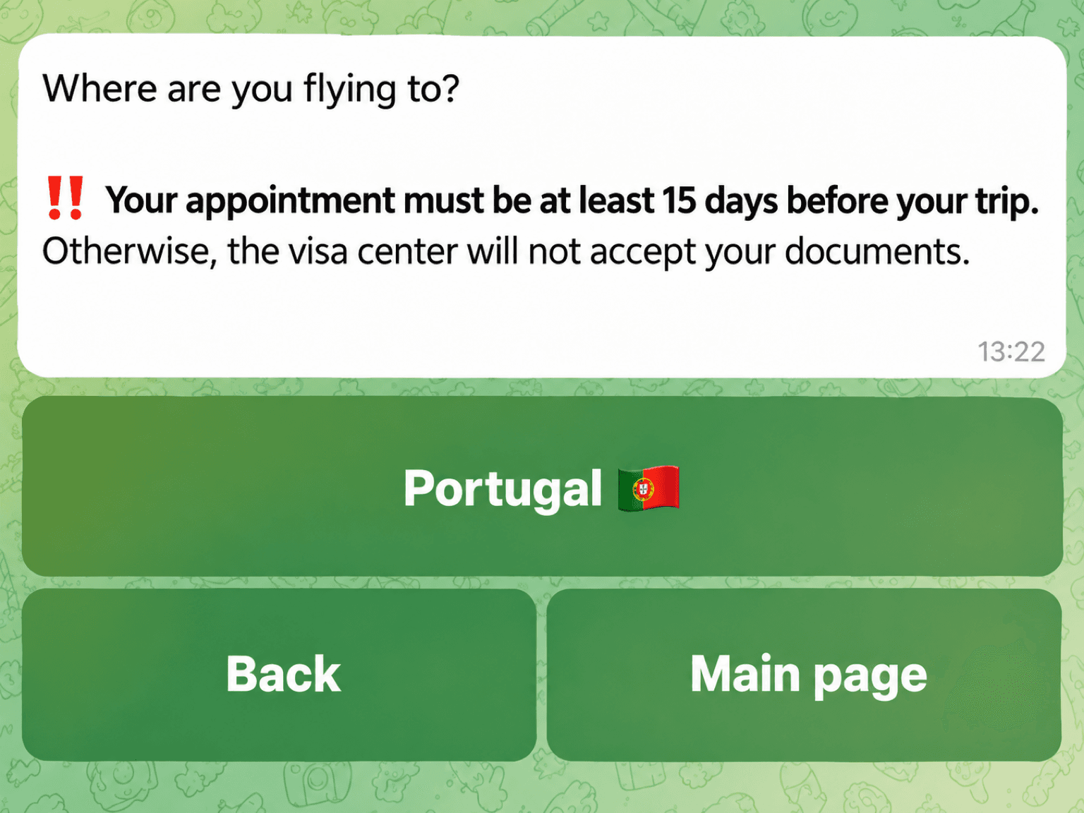 Step 1: choose the auto-booking destination (Portugal), centre and dates in the Visard Telegram bot